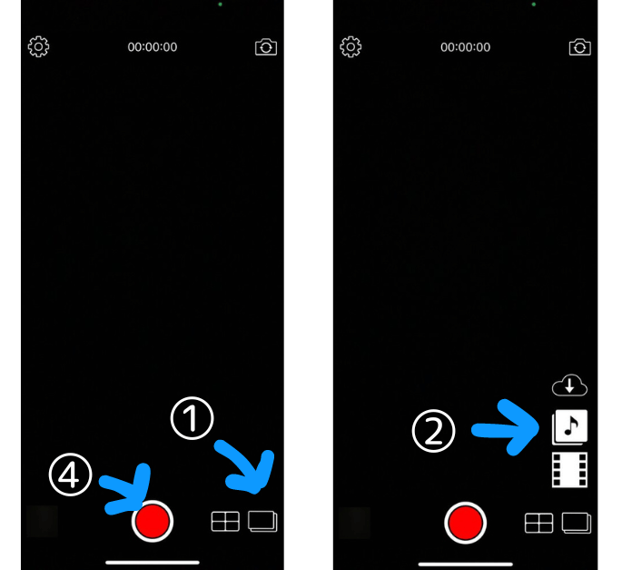 4XCAMERAアプリの録画画面。右下のアイコンから伴奏曲を選択できる