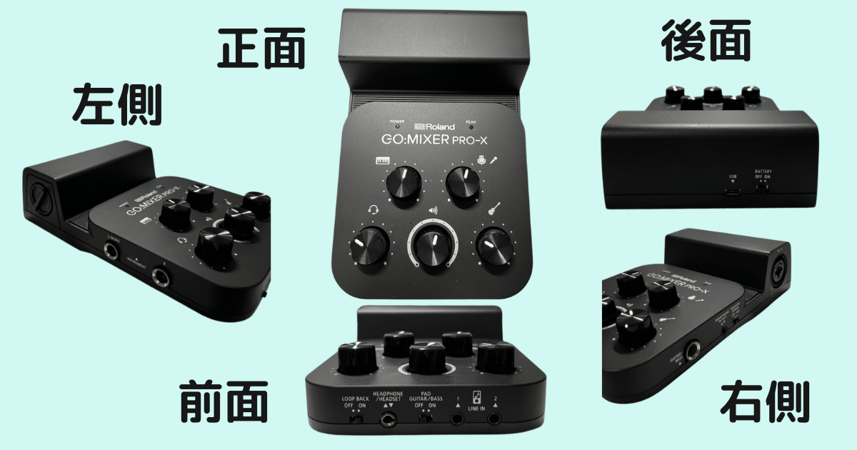 Roland GO:MIXER PRO-Xの表面。イラスト付きの5つのつまみが特徴