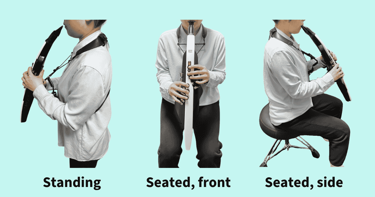 My current playing posture: standing, seated from the front, and seated from the side