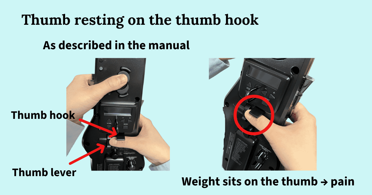 Right thumb resting on the Aerophone thumb hook, with the weight of the instrument on the thumb