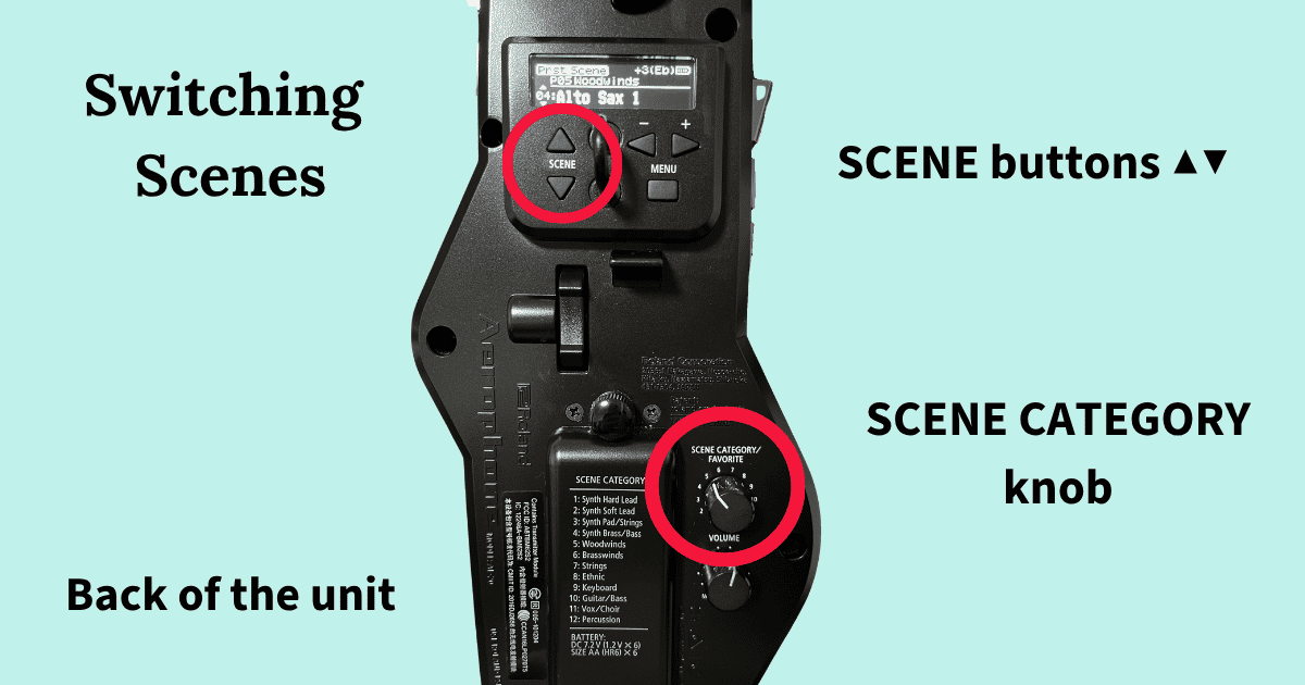 The SCENE buttons and the SCENE CATEGORY knob on the back of the Aerophone AE-20