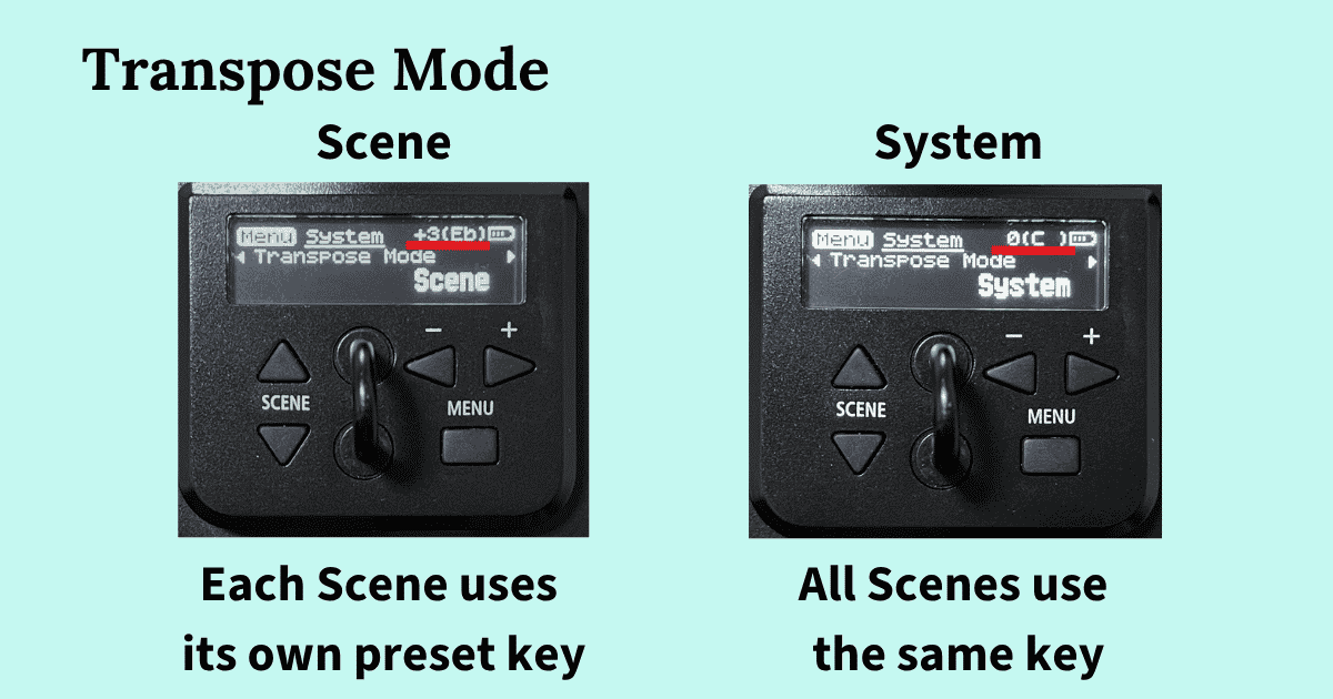 The Transpose Mode screen on the Aerophone AE-20, set to Scene and to System
