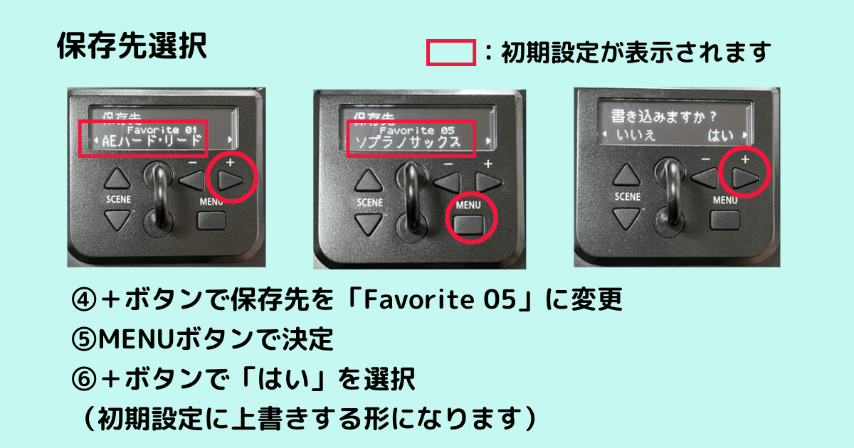 ユーザーシーンからフェイバリット05への上書きが完了した液晶表示