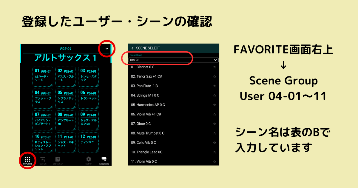 FAVORITE画面でユーザー・シーンを確認する