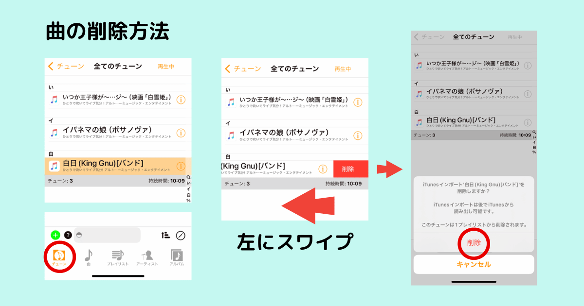 Anytuneの曲一覧で、曲名を左にスワイプすると削除ボタンが表示される様子