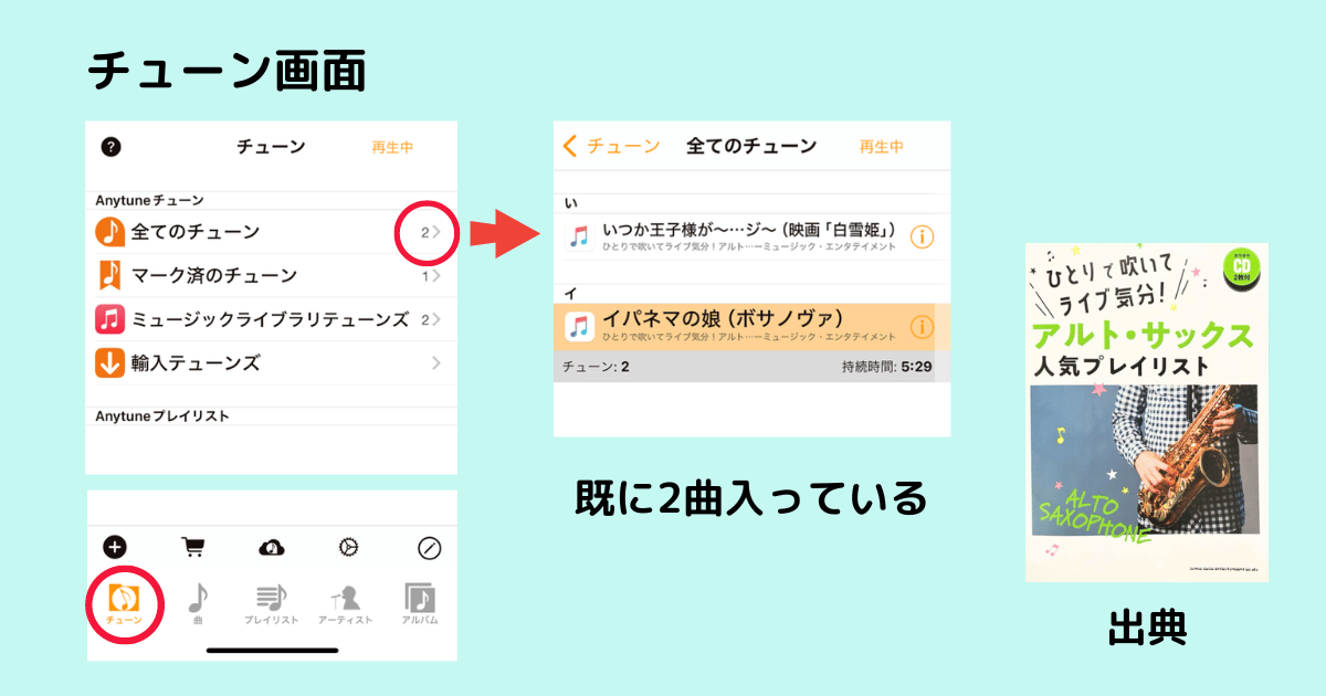 iPhoneのAnytune画面下部のボタン（曲・プレイリスト・アーティスト・アルバム）