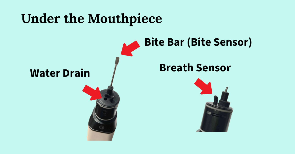 With the mouthpiece removed: the bite bar (bite sensor), the breath sensor, and the water drain