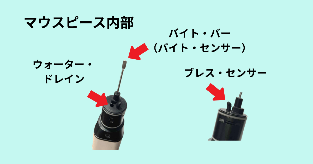 マウスピースの内部　バイト・バー（バイト・センサー）・ブレス・センサー・ウォーター・ドレインの位置