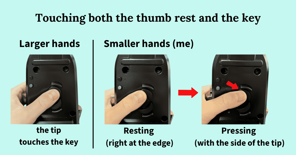 The left thumb touching both the thumb rest and the octave key