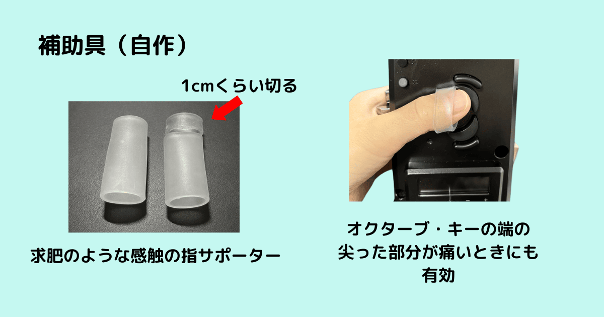 シリコン製の指サポーターを親指に着けた様子