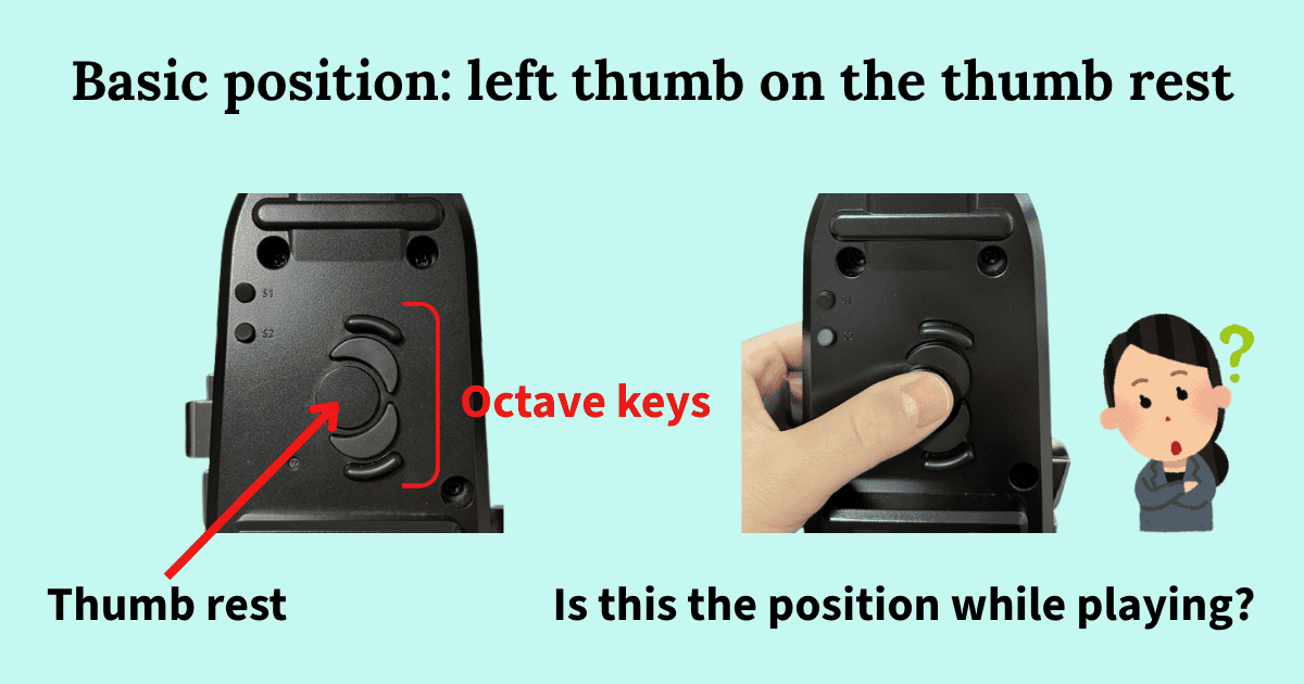 The basic position, with the left thumb on the thumb rest