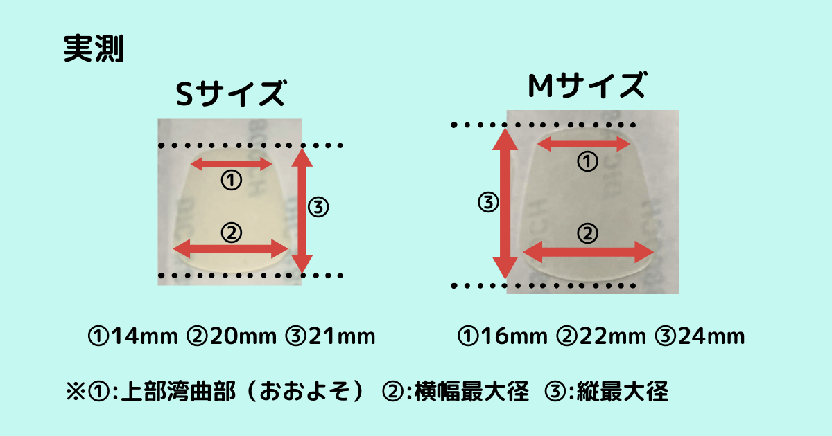 SサイズとMサイズのマウスピースパッチ　実測サイズ比較