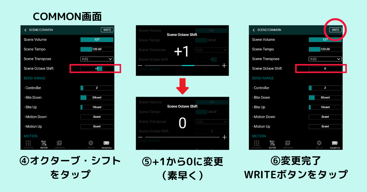 Aerophone Pro EditorのWRITEボタン操作画面