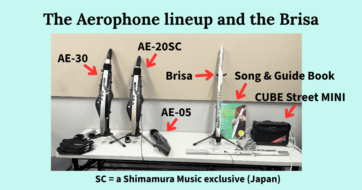 Roland Aerophone AE-30, AE-20SC, AE-05, and the Brisa on display